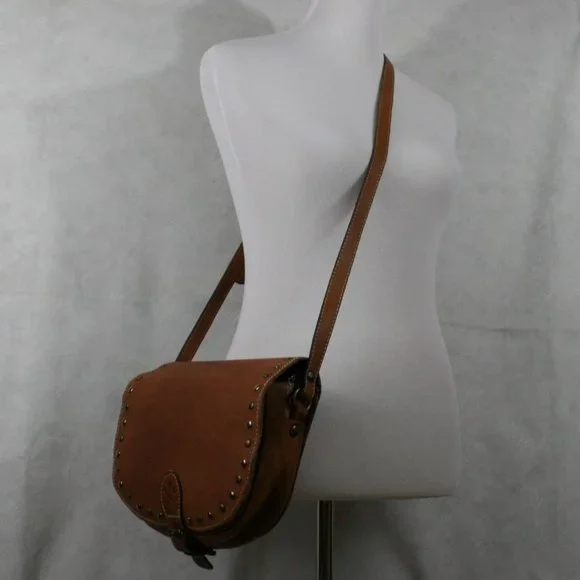Patricia Nash Brown Italian Pebble Leather Crossbody Saddle Bag w/ Rivets VGC - Picture 1 of 14